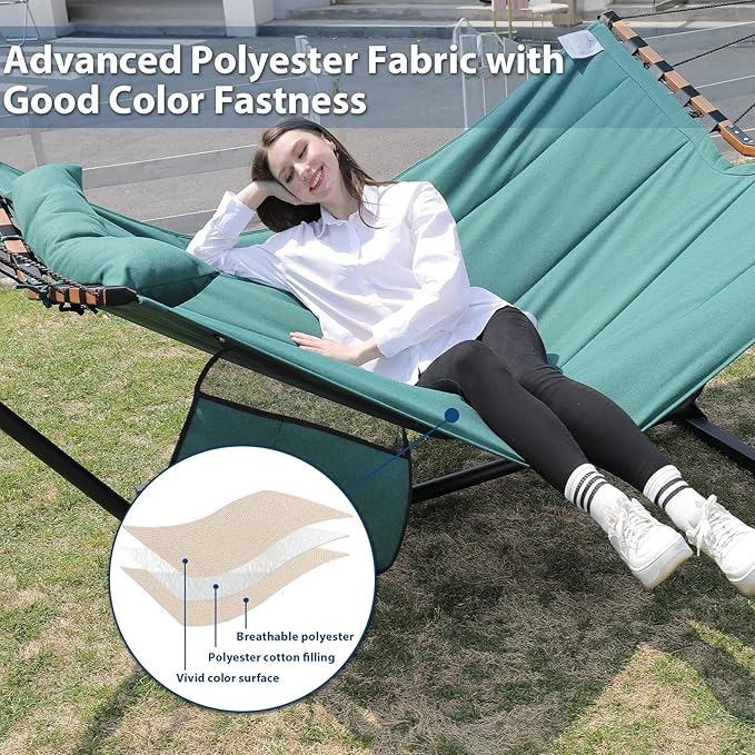 TegerDeger 12FT 2 Person Hammock with Stand Included 55 x 79IN Large Hammock 450LB Capacity with Hardwood Spreader Bar &amp Nylon Rope for Outside Patio Garden Backyard Beach - Deep Lake Blue 2