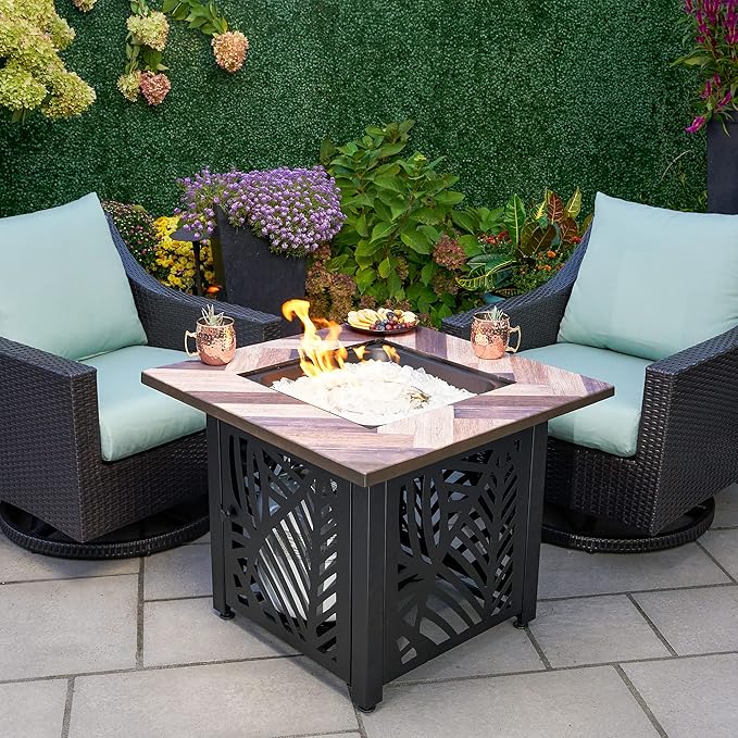 Endless Summer Darby 30 Inch Square Outdoor UV Printed 50000 BTU LP Gas Fire Pit Table with Faux Wood Mantel and Stamped Steel Base