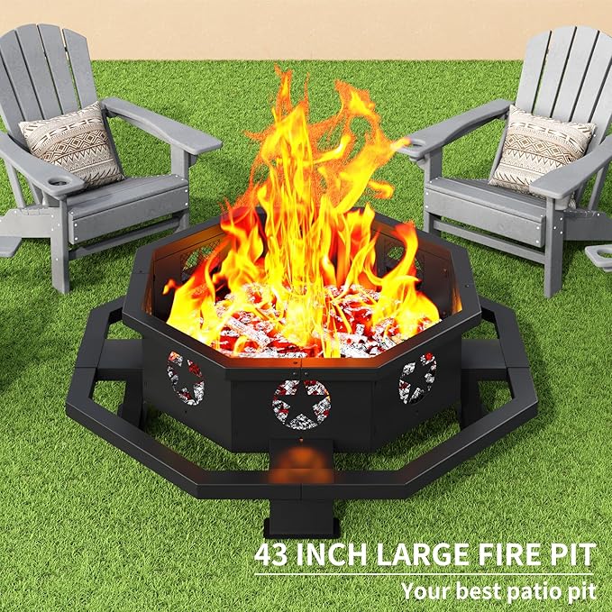 43 inch Fire Pit Outdoor Wood Burning Fire Pit Octagonal Heavy Duty Firepit for Camping Backyard Patio Black
