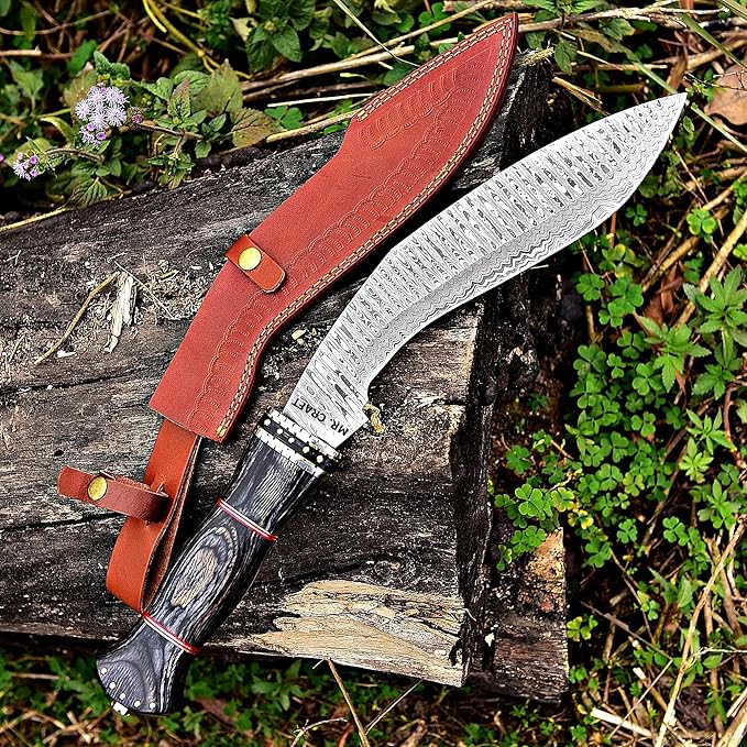 MR. CRAFT Custom Handmade Traditional Kukri Damascus Steel Fixed Blade Knife With Sheath Full Tang Heavy Duty Camping Knives - Gifts for Men (Black Wood &amp Brass Studs)