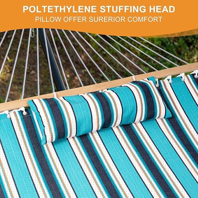 Lazy Daze Hammocks 12 FT Sunbrella Fabric Hammock not Fading with Spreader Bars and Free Pillow Fits for 2 Persons All Weather and Fade Resistant for Patio Yard 450 lbs Capacity Token Surfside