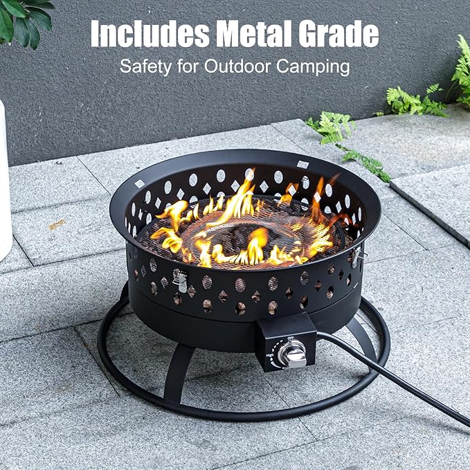 Verdeluxe 22 Inch Portable Propane Fire PitGas Fire Pit for Outside with Lid &amp Handle Smokeless Gas Firepit Bowl with Lava RocksOutdoor Propane Firepits for CampingPatioYardBonfire.(Black)