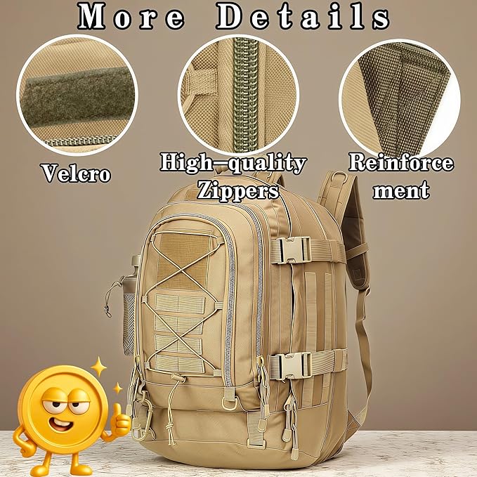 Large Tactical Military Backpack for Men - Molle DIY System Bag for Travel Work Camping Hunting &amp Hiking (Khaki-A)