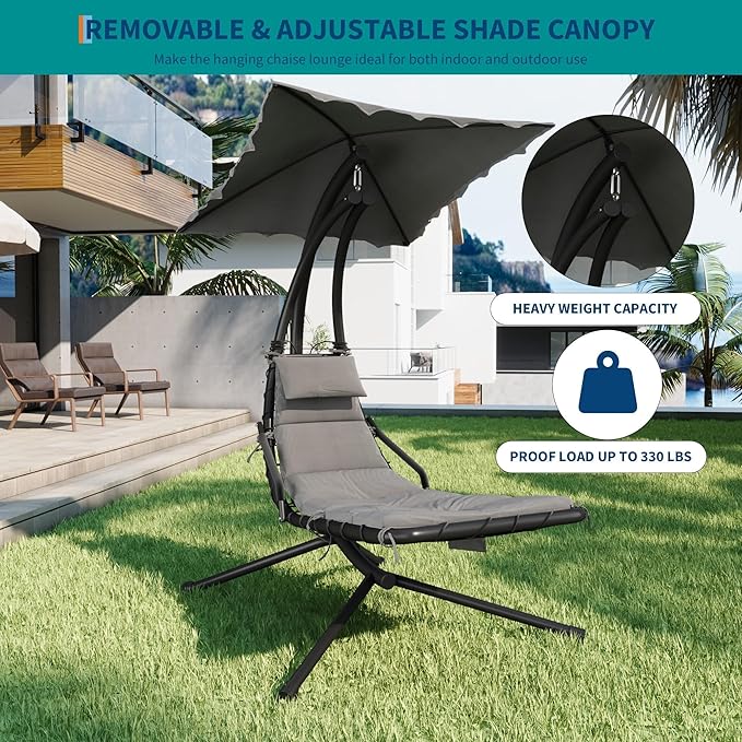 GarveeLife Chaise Lounger Swing Chair with Umbrella Canopy Patio Hanging Chaise Lounger Chair with Stand Curved Steel Outdoor Lounge Chairs for Indoor Patio Pool Garden Backyard Porch