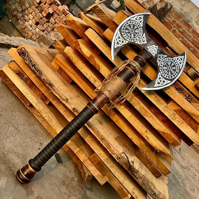 [MDM King Tools] Custom Handmade Viking Axe Medieval Ax with Viking Gift Hand Axes Viking Gifts for Men Camping Tomahawk Bearded Ragnar Axe with Leather Sheath (Dobule)