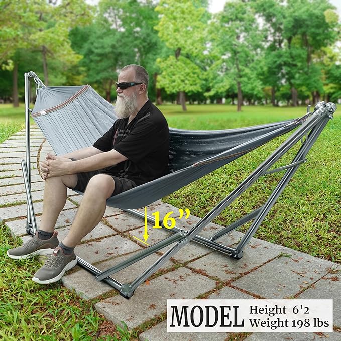 Tranquillo Adjustable Hammock Stand Collapsible Camping Hammock with Stand 650 lbs Capacity Double Hammock Stand Foldable Stainless Steel Breathable Polyester Hammock Net Carry Bag Included Grey