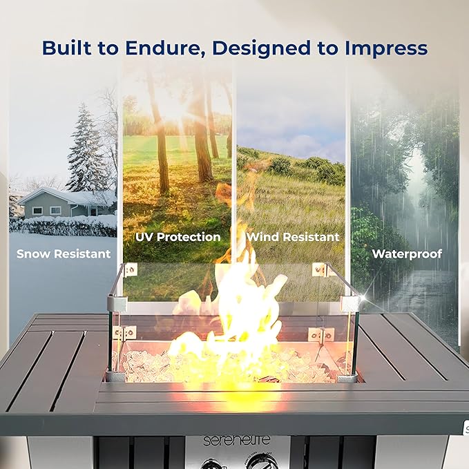 SereneLife Outdoor Propane Fire Pit Table 50000 BTU Square Fire Table with Stainless Steel Lid Durable Legs Adjustable Flame Weather Cover Perfect for Patio &amp Garden 31.5” x 31.5” x 24.8”