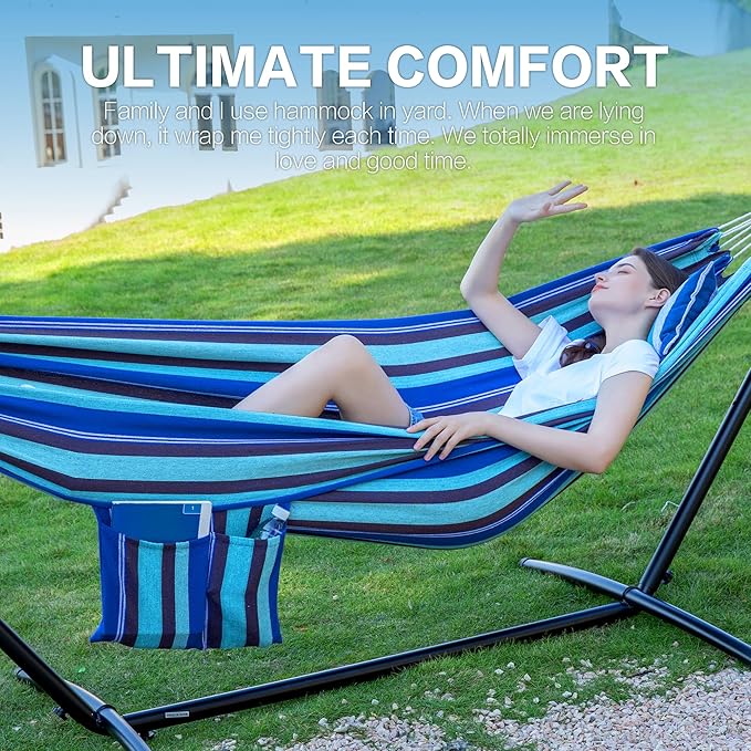 PNAEUT Double Hammocks with Stand for Outside Portable Space Saving Heavy-Duty Steel Stand for Indoor Outdoor Patio with Carrying Bag 450 lbs Capacity (Blue Lagoon)