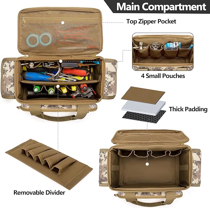Rexmica Small Tool Bag with Anti-friction and Thick Padded Bottom Tool Storage Organizer for Men Tactical Range Bag Multi-functional Work Bag for Repairman Electrician Carpenters (Camo)