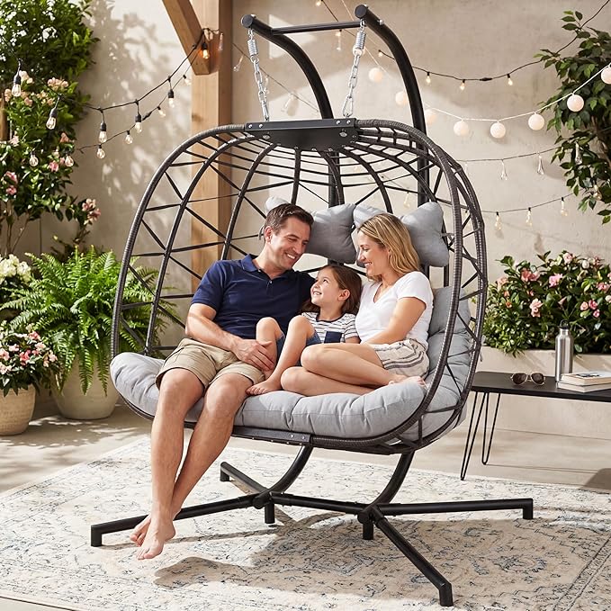 NICESOUL Oversized Patio Egg Chair for 2 Large &amp Wide Hanging Egg Chair with Stand Cozy Comfy Double Swing Hammock with Cushions Sturdy Porch Swings for Indoor Outdoor Light Gray with Cover