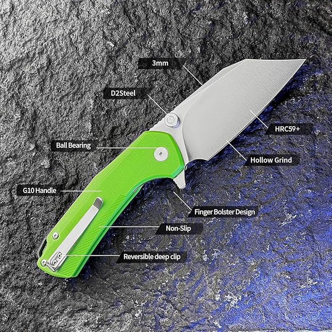 ioko Folding Pocket Knife 3.5-Inch D2 Steel Blade G10 Handle EDC Camping Survival Knife with Clip (Green)