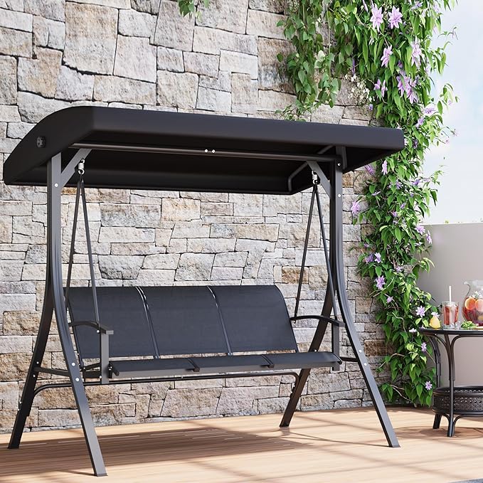 3-Seat Patio Swing Chair with Adjustable Canopy - Heavy-Duty Outdoor Porch Swing for Adults with Breathable Textilene Armrests Seat- Perfect for Backyard Poolside &amp Garden Relaxation Black