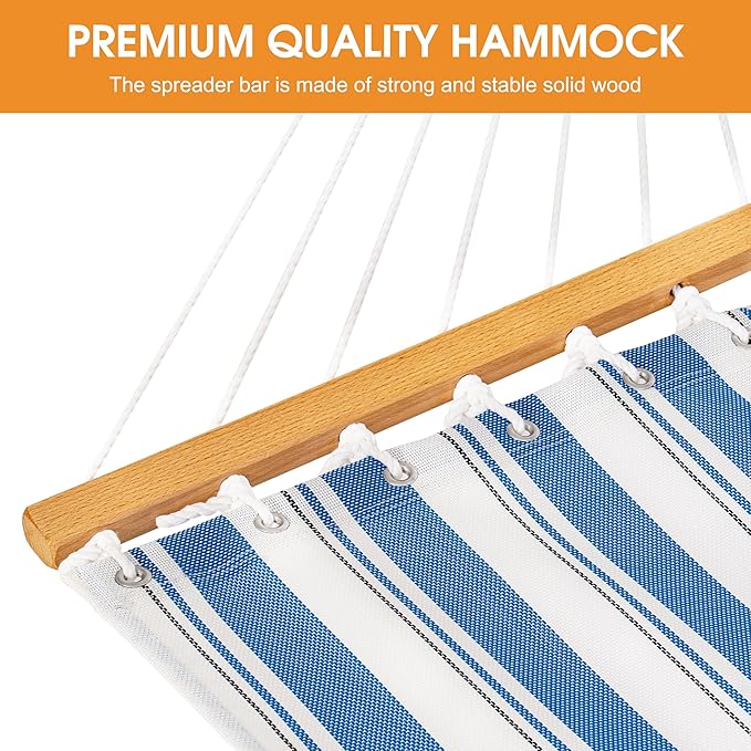 Lazy Daze Hammocks Quick Dry Hammock with Spreader Bar Textliene Fabric Double 2 Person Hammock with Chains Outdoor Patio Poolside Backyard Beach 450 lbs Capacity Blue Stripes