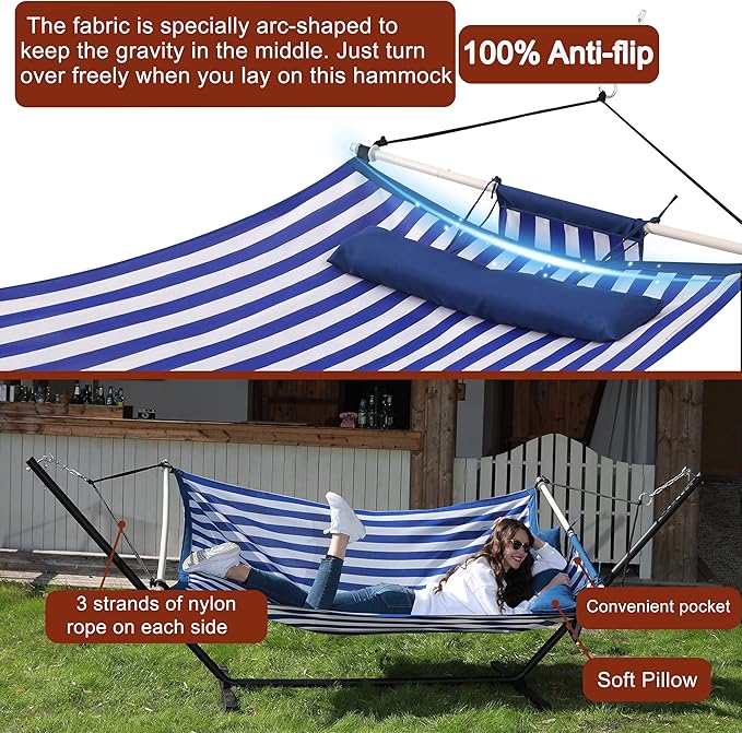 TegerDeger Anti-flip 12FT Hammock Large Hammock 450LB Capacity with Iron Spreader Bar &amp Nylon Rope for Outside Patio Garden Backyard Beach - Blue Strips