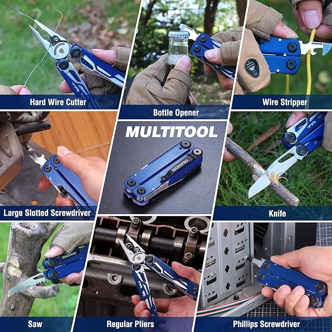 WORKPRO 24-in-1 Mutitool Stainless Steel Multitool Pliers with Pocket Knife and Screwdrivers EDC Self-locking Multi Tool with Sheath Belt Clip for Outdoor Activities Gifts for Men Blue