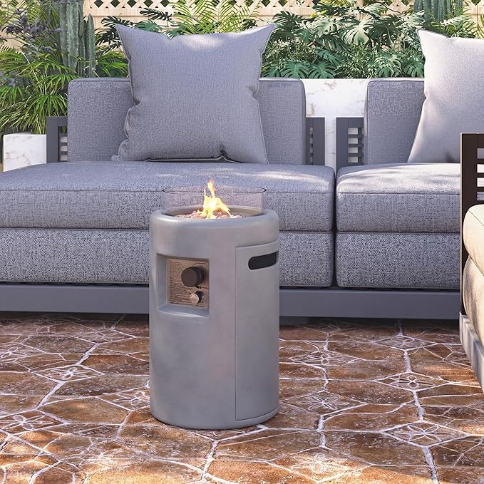 SUNBURY Outdoor Gas Fire Column 40000 BTU Propane Fire Pit for Patio Party &amp Gathering Compact Flame Heater with Lava Rocks Waterproof Cover for Yard &amp Deck Ambiance (Grey)