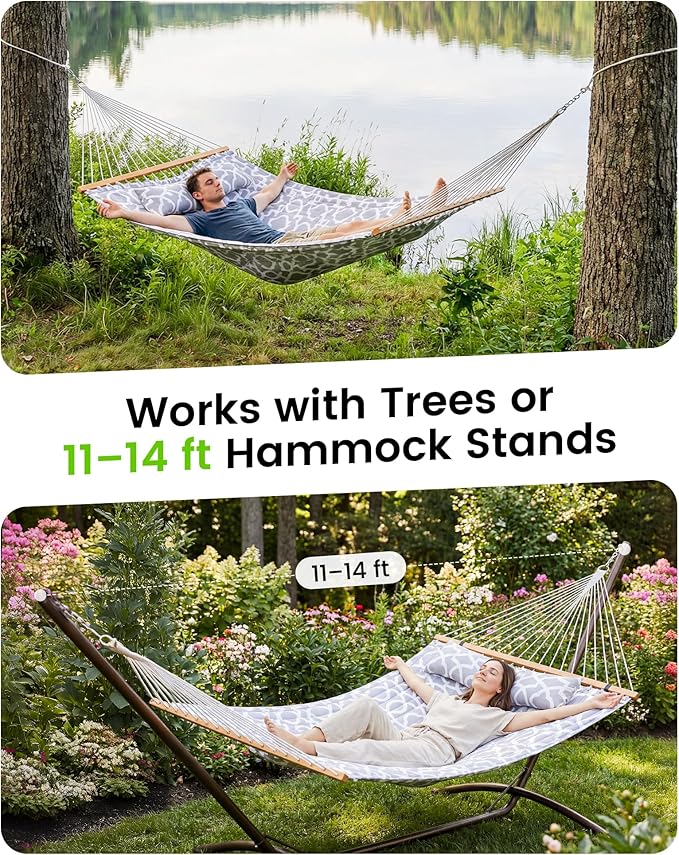 ANAGOO Double Quilted Outdoor Hammock for 2 Adults 500lb Capacity Backyard &amp Camping Hammock with Pillow and Bamboo Spreader Bar Fits 11–15ft Hammock Stands (Stand Not Included)Light Gray