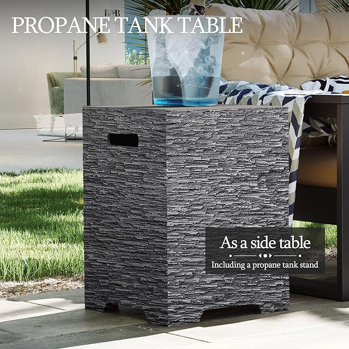 UPHA 56-inch Outdoor Propane Gas Fire Pit Table 50000 BTU Concrete Rectangle FirePit for Outside Patio with Propane Tank Cover Wind Guard Blue Glass Rocks Rain Cover Grey