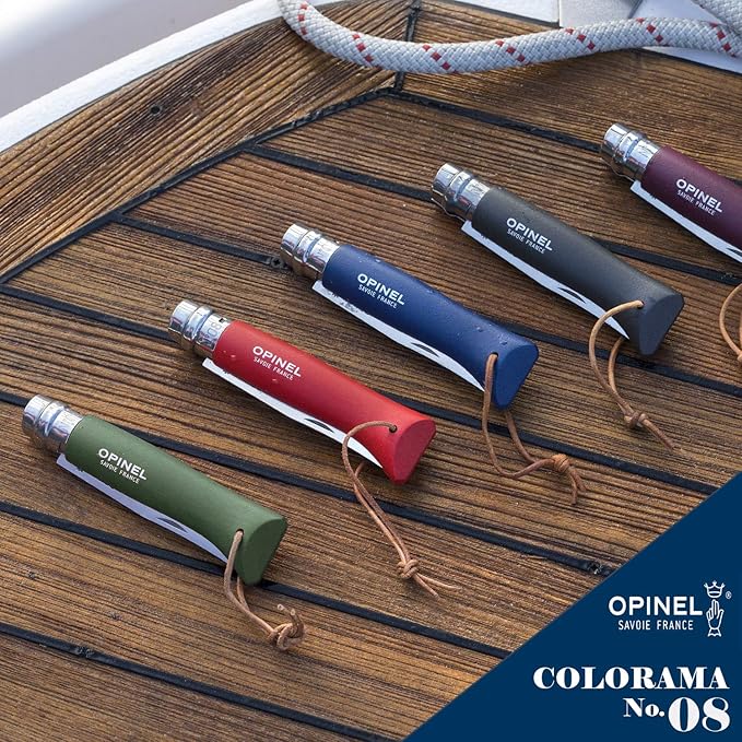 Opinel Colorama Series No. 8 - Stainless Steel Everyday Carry Folding Pocket Knife with Leather Strap Painted Hornbeam Handles