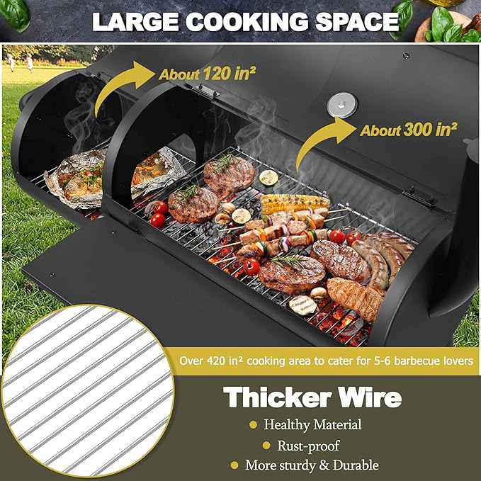 Joyfair Charcoal Grill with Offset Smoker Camping Barbecue Grill with Side Fire Box for Outdoor BBQ Smoking/Backyard Party Grilling Thick Iron Steel &amp Dual Chamber Design Thermometer &amp Chim