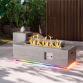 2-Piece 42 LED Rectangular Propane Fire Pit for Outside Patio with Hidden Tank Table 50000 BTU Fireplaces with Glass Wind Guard Lid Glass Rocks Cover(Grey w/RGB Light)