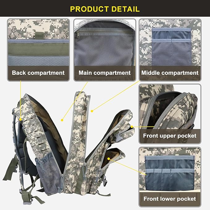 Zavothy 45L Military Tactical Backpack Army 3-Day Assault Pack Bug Out Bag for Hiking Camping | Army Bag Large Rucksack with Molle System