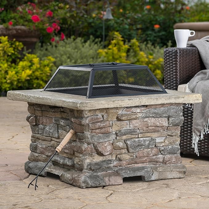 Outdoor Fire Pit Table 28.5 Inch Wood Burning Fire Pit for Patio with Spark Screen Fire Poker MGO Square Fireplace for Camping Garden Backyard Bonfire Party Stone Gray