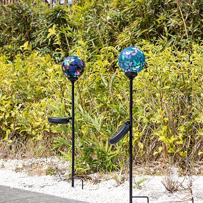 VCUTEKA Solar Garden Decorative Lights Outdoor Mosaic Solar Light Waterproof LED Pathway Stake Light for Landscape Patio Yard Deck Walkway Decoration 2 Pack （Blue&ampPurple）