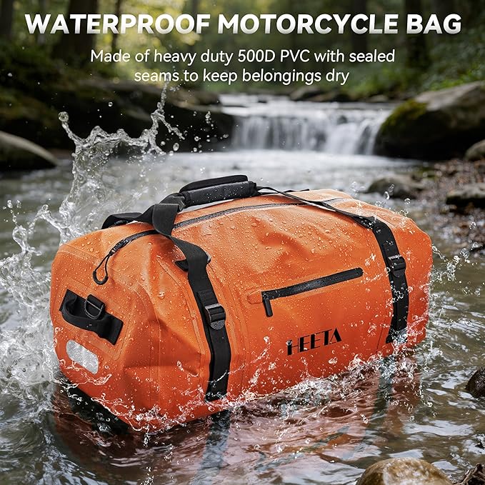 HEETA Waterproof Motorcycle Dry Bag Waterproof Duffel Luggage Travel Bags with Zippered Closure &amp Pocket Shoulder Straps Large Space for Motorcycling Camping Commuting Boating (Orange 70L)