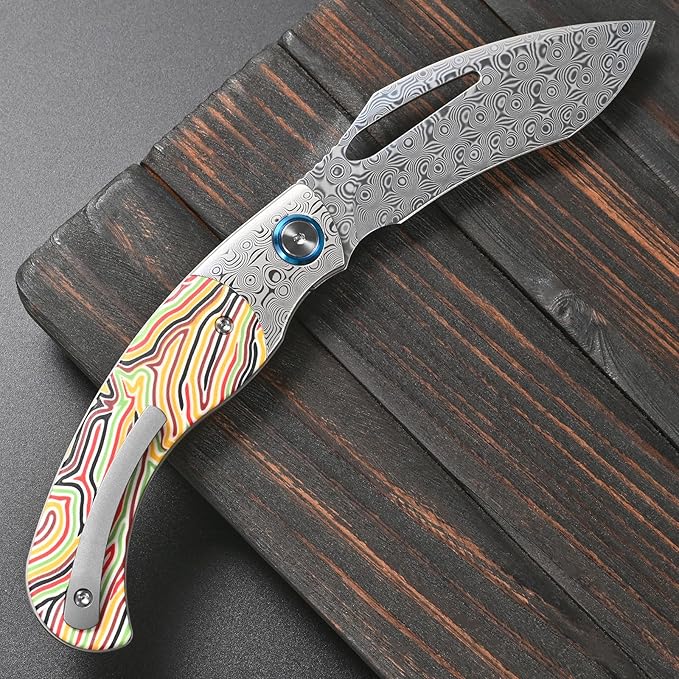 Sitivien ST270 Folding Knife Damascus Steel Blade Colorful G10 &amp Damascus Handle with Ball Bearing for Men Women Outdoor Camping Hiking Fishing(Yellow)