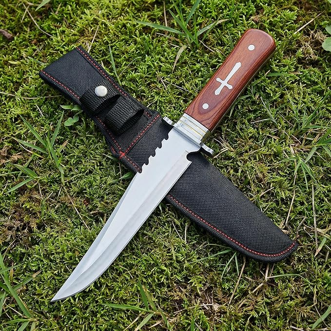 12.7 Fixed Blade Survival Knife with Sheath - Heavy Duty Stainless Steel Bowie Knife for Camping Hunting &amp Bushcraft - Large Solid Wood Handle Outdoor Tool with Sawback