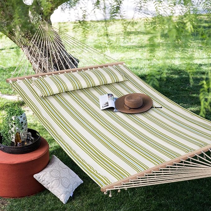 SUNCREAT Hammock 2 Person Heavy Duty Double Hammocks for Trees 2 Person Hammock with Spreader Bar Green&ampBeige