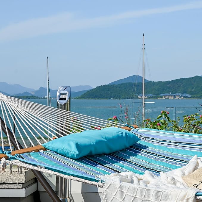 Lazy Daze Hammocks 2 Person Portable Hammock with 12FT Stand Double Hand Woven Cotton Rope Hammock with Detachable Quilted Pad &amp Pillow for Outside 450lb Capacity Blue Stripes