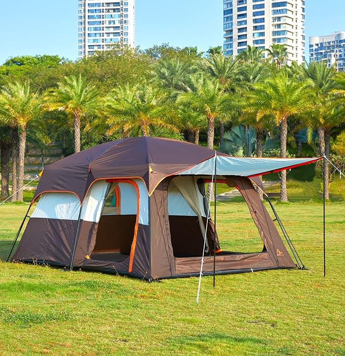 KTT Extra Large Tent 10-12-14 Person(B)Family Cabin Tents2 Rooms3 Doors and 3 Windows with MeshStraight WallWaterproofDouble LayerBig Tent for OutdoorPicnicCampingFamily Gathering