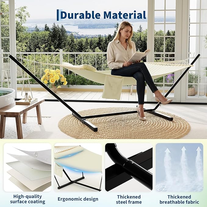 Double Hammock with Stand - Heavy Duty Portable 2 Person Design with Adjustable Steel Stand Max 450LBS Ideal for Outdoor Patio Garden Beach &amp Backyard