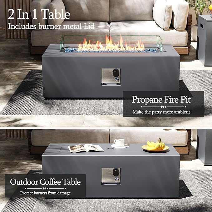 UPHA 42-inch Outdoor Propane Gas Fire Pit Table 50000 BTU Iron Rectangle Firepit for Outside Patio with Tank Hidden Table Wind Guard Removable Lid Blue Glass Rocks Rain Cover Grey