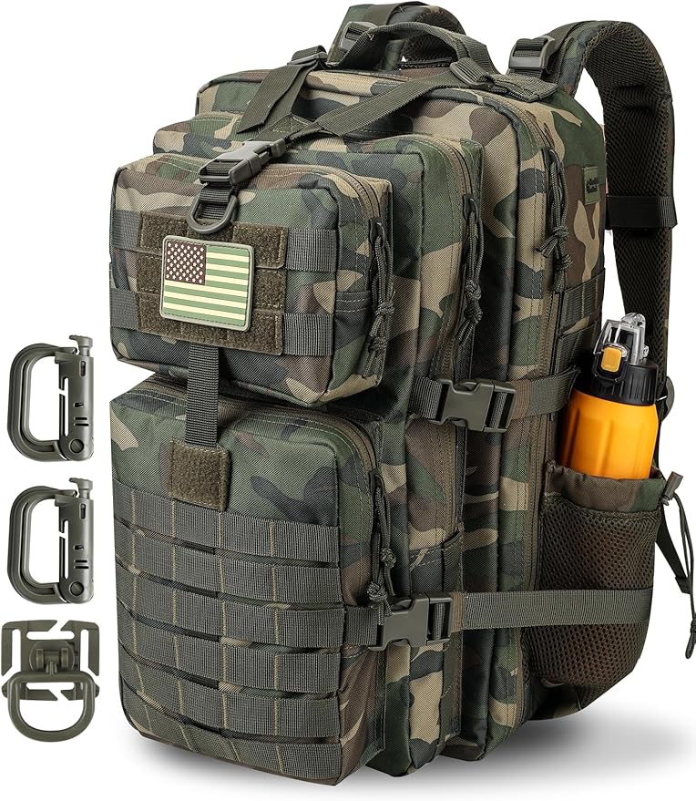 Hannibal Tactical 45L MOLLE Assault Backpack Tactical Backpack Military Army Camping Rucksack with Bottle Holder 3-Day Pack Trip w/USA Flag Patch D-Rings US Woodland