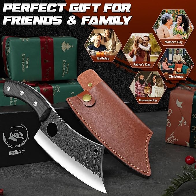 ROCOCO Meat Cleaver Butcher Knife - Sharp Full Tang Knife with Sheath for Home Outdoor BBQ Camping Mother Father Gift Idea Men Black 6.3