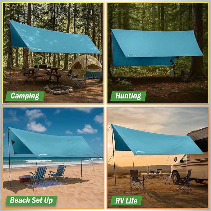 Portable Camping Tarp with Poles - Blue