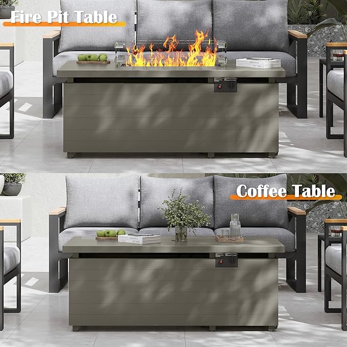 Sundale Outdoor 51 Inch Outdoor Fire Pit Table 50000BTU Rectangle Propane Fire Pit with Sliding Tank Holder Glass Wind Guard Dust Cover Removable Lid CSA Certified Olive Green
