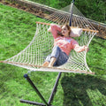 PNAEUT Double Rope Hammock with Stand Included 12ft Heavy Duty Stand 2 Person Traditional Cotton Rope Hammocks with Pillow for Outside Porch Patio Backyard Outdoor Max 475lbs Capacity (Burlywood)