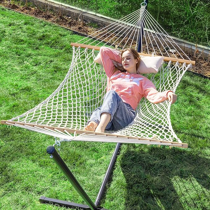 PNAEUT Double Rope Hammock with Stand Included 12ft Heavy Duty Stand 2 Person Traditional Cotton Rope Hammocks with Pillow for Outside Porch Patio Backyard Outdoor Max 475lbs Capacity (Burlywood)