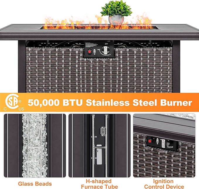 Nuu Garden 43 Propane Fire Pit Table 50000 BTU CSA Certified Outdoor Gas Fire Pit with Aluminum Tabletop Removable Lid 7 lbs Glass Rocks &amp Waterproof Oxford Cover Brown