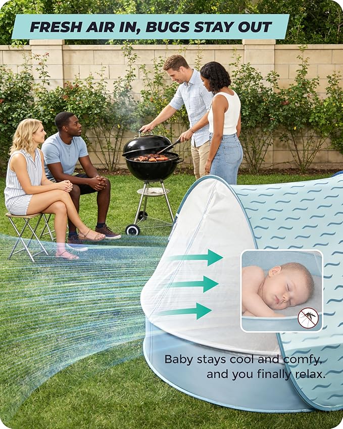 Baby Beach Tent with Pool 3-in-1 Upgrade Pop Up UPF 50+ Sun Protection Shelter with Mosquito Net Babies Toddlers Portable Outdoor Summer Essentials for Beach Backyard Indoor- Blue Wave
