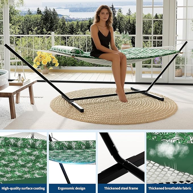 2-Person Hammock Suite with Stand450lbs Capacity 2 Person Cotton Rope Portable Hammock with Polyester Quilted Pad and Pillowfor Garden YardCamping and Patio.Green Banana Leaf Color