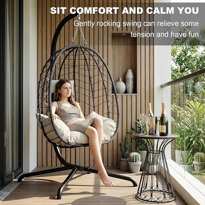 LEX CRAFT Hanging Egg Chair with Stand Swinging Egg Chair Outdoor Indoor Hanging Basket Chair with Cushion Patio Wicker Hammock Chair 350lbs Capacity for Porch Balcony Backyard Garden (Beige1)