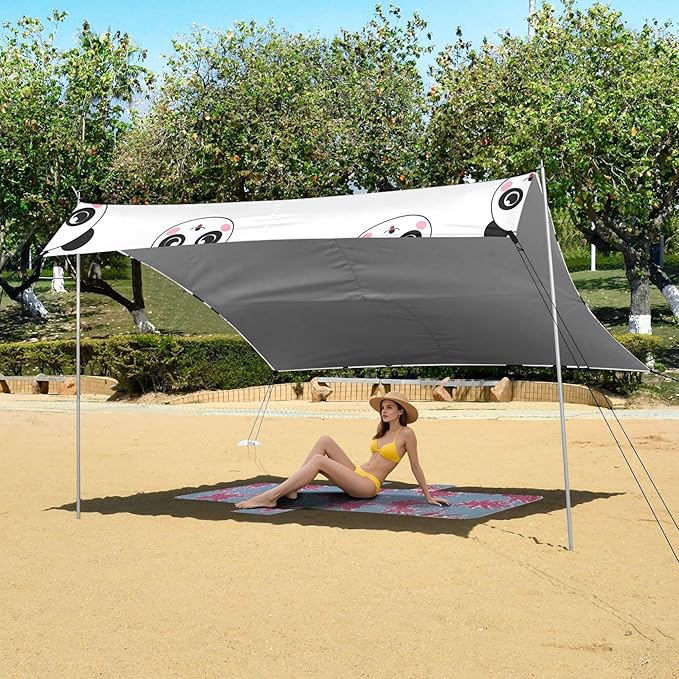 Panda Beach Canopy Sun Shelter with Sandbags &amp Sand Shovel &amp Windproof Ropes - Portable 110x126 Beach Shade Beach Tent for Camping Picnics