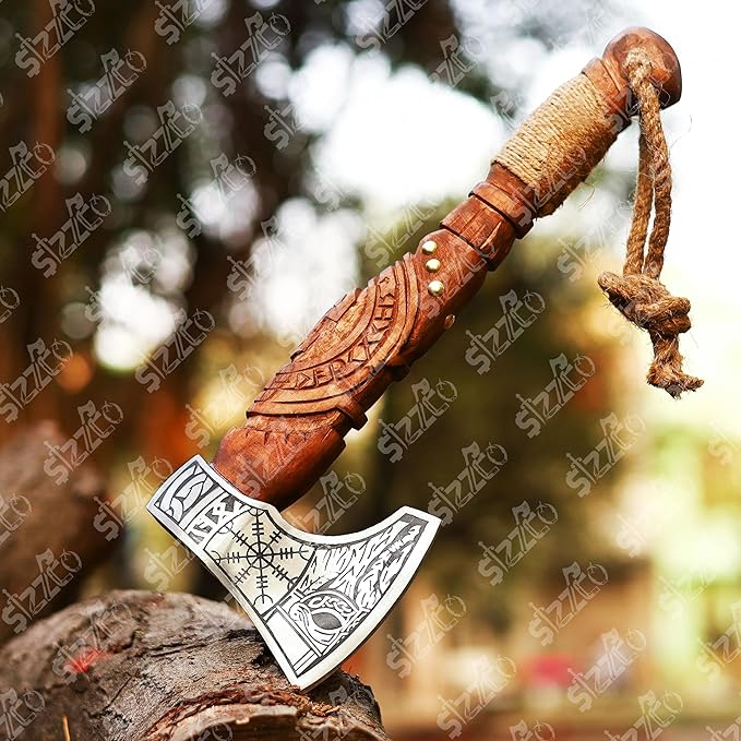 Custom Gift Forged Carbon Steel Viking Style Axe Bearded Axe with Rose Wood Shaft Tomahawk - Real Hatchet Best Gift for Christmas Anniversary Valentine's Day Birthday Premium Leather Sheath