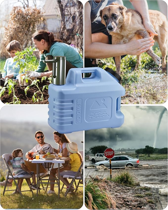 UPWOIGH 3.5 Gallon Portable Water Jug in Light Blue with Screw-Lock Leakproof Touch Pump Nature-Inspired Carved Container with Spigot Type-C Rechargeable Outdoor Water Tank for Camping Hiking