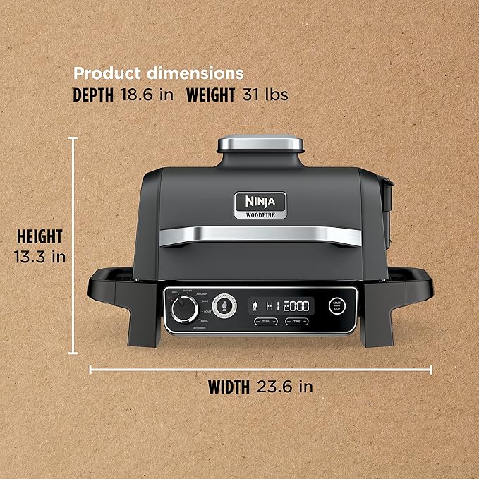 Ninja | Woodfire Series | 7-in-1 (Grill BBQ Roast Air Fry Dehydrate Broil Smoke) | Portable &amp Weather Resistant | Cook Up To 6 Steaks &amp 30 Hot Dogs | Woodfire Pellets included | OG701